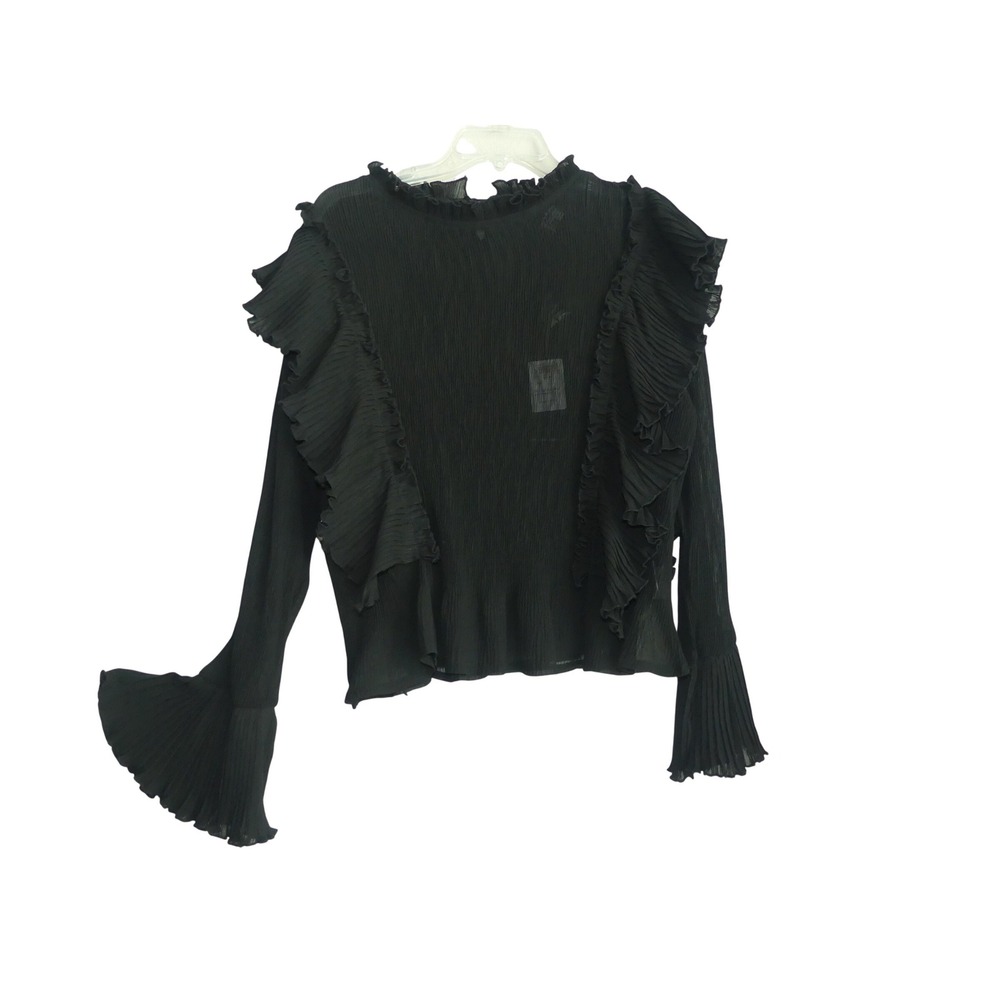Goldie Black High Neck Ruffle Sheer Plisse Blouse Top Large NWT Romantic Fairy